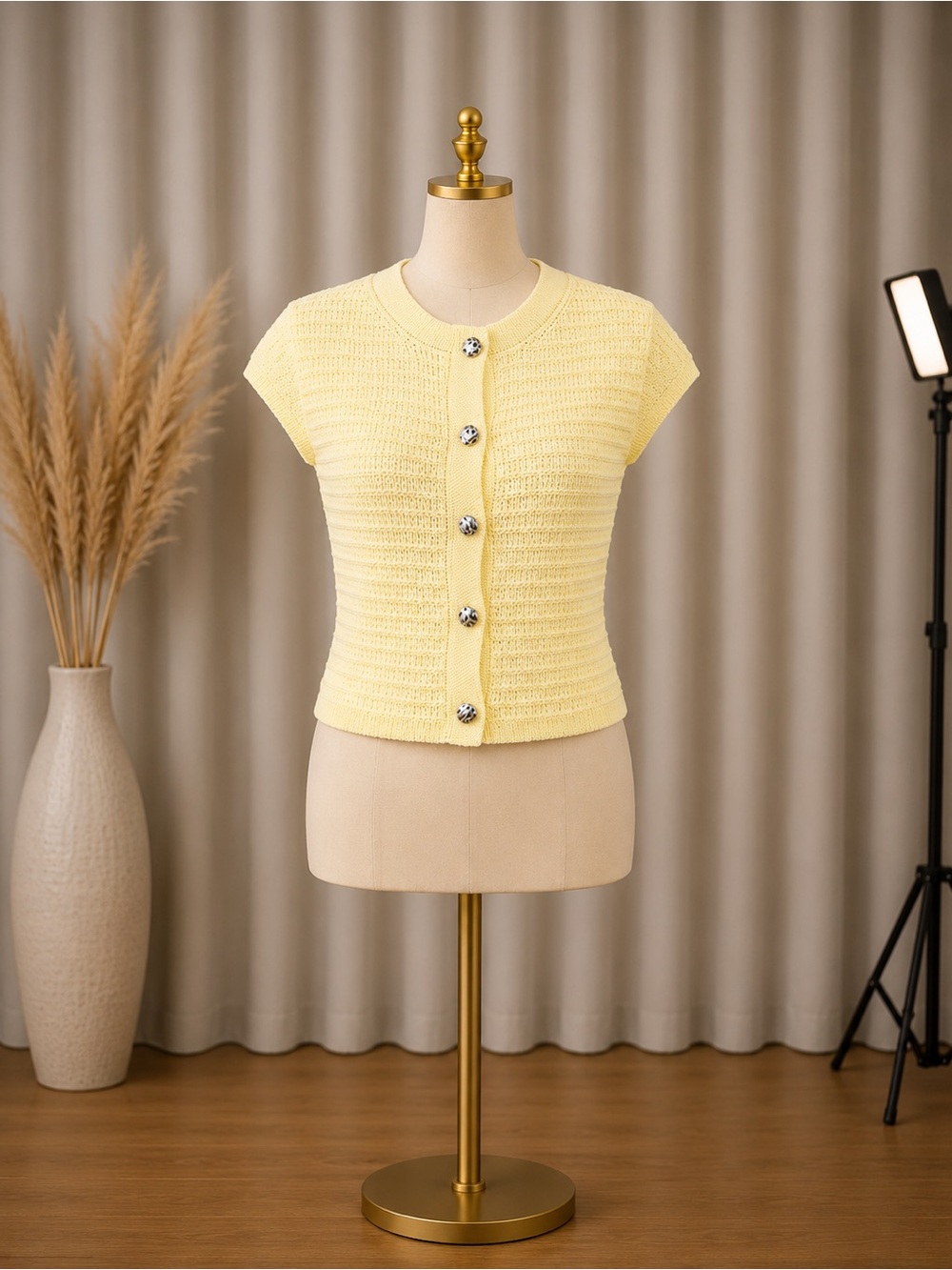 Women’s Yellow Knit Cropped Button Cardigan Short Sleeve Sweater Top